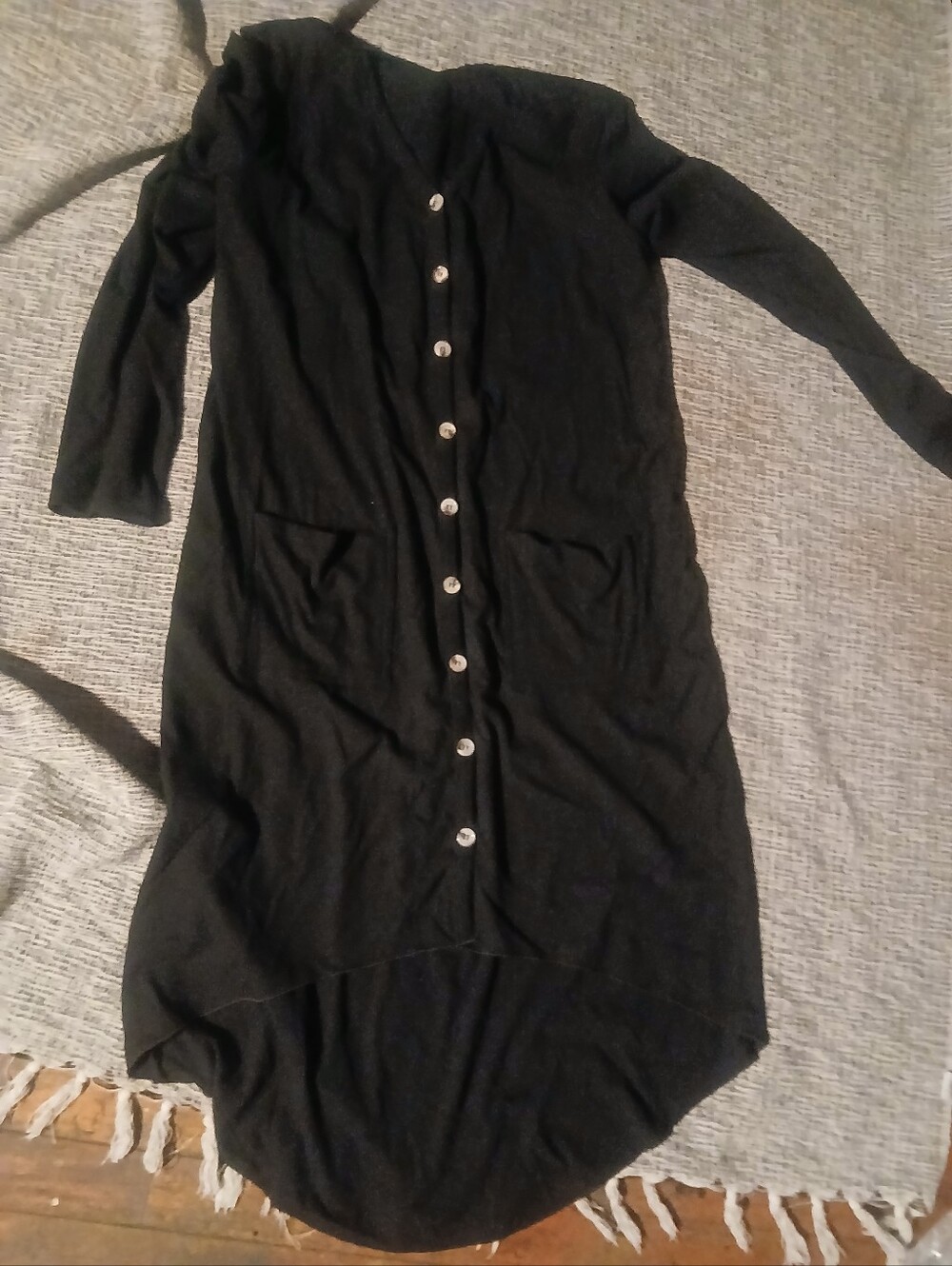 Black Button-Front Hi Low Ribbed Knit Cardigan L